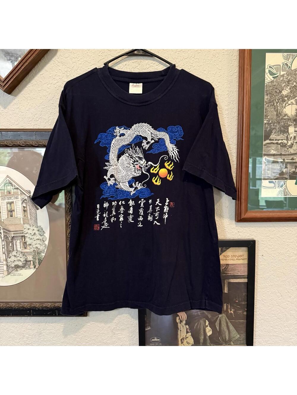 Vintage 90s Art Dragon Mens Shirt Size Large Navy Blue Chinese Dragon Nature
